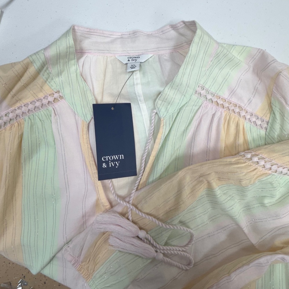 Crown & Ivy Pastel Stripe Metallic Lurex Tassel Shift Dress XL NEW